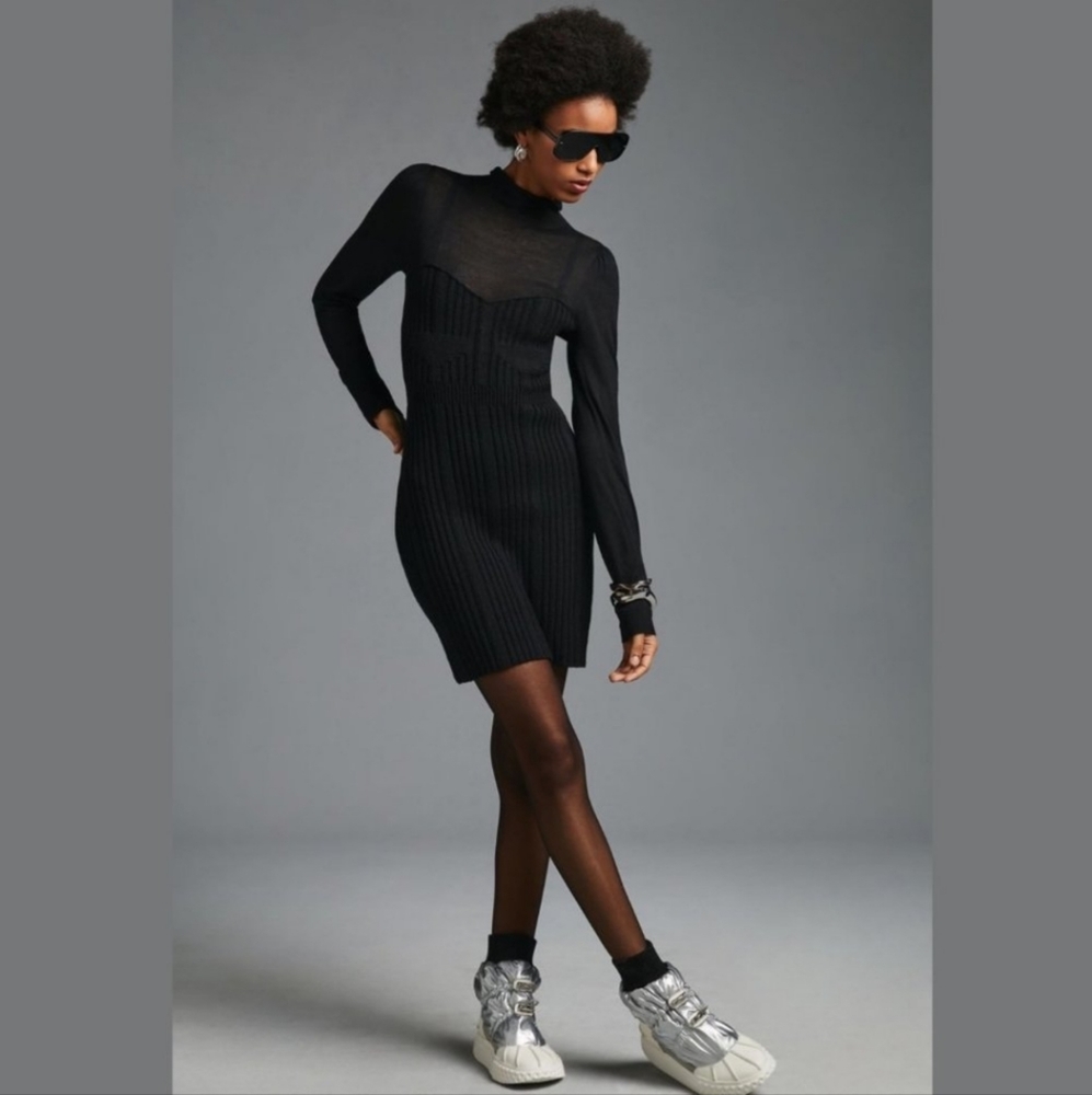 Anthropologie Ribbed Turtleneck Sweater Dress in Black NWT - Picture 2 of 5